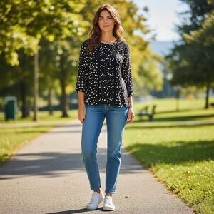 NY Collection Petite Polka Dot Pintuck Lace Blouse Black White PS 3/4 Sleeve